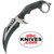 M48 Liberator Falcon karambit knife, full view showing two-tone 2Cr13 stainless blade, black TPU handle, and finger ring.