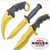 Hero - Black Legion Solar Gold 440 Fixed Blade Triple Set featuring a karambit, bayonet-style dagger, and bowie/tanto displayed together, showcasing gold stainless steel blades and black TPU handles