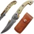 Wild Turkey Handmade Clip Point Damascus Bone Folding Pocket Knife shown open with detailed file work and Damascus spine visible in close-up, with the real leather sheath displayed in the same image