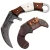 Old Ram Handmade Damascus Bone Wood Fixed Karambit shown with full Damascus blade, natural bone and wood handle, and leather sheath in the same image