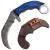 Old Ram Handmade Damascus Blue Frost Wood Fixed Karambit shown with full Damascus blade, blue frost wood handle, and leather sheath in the same image