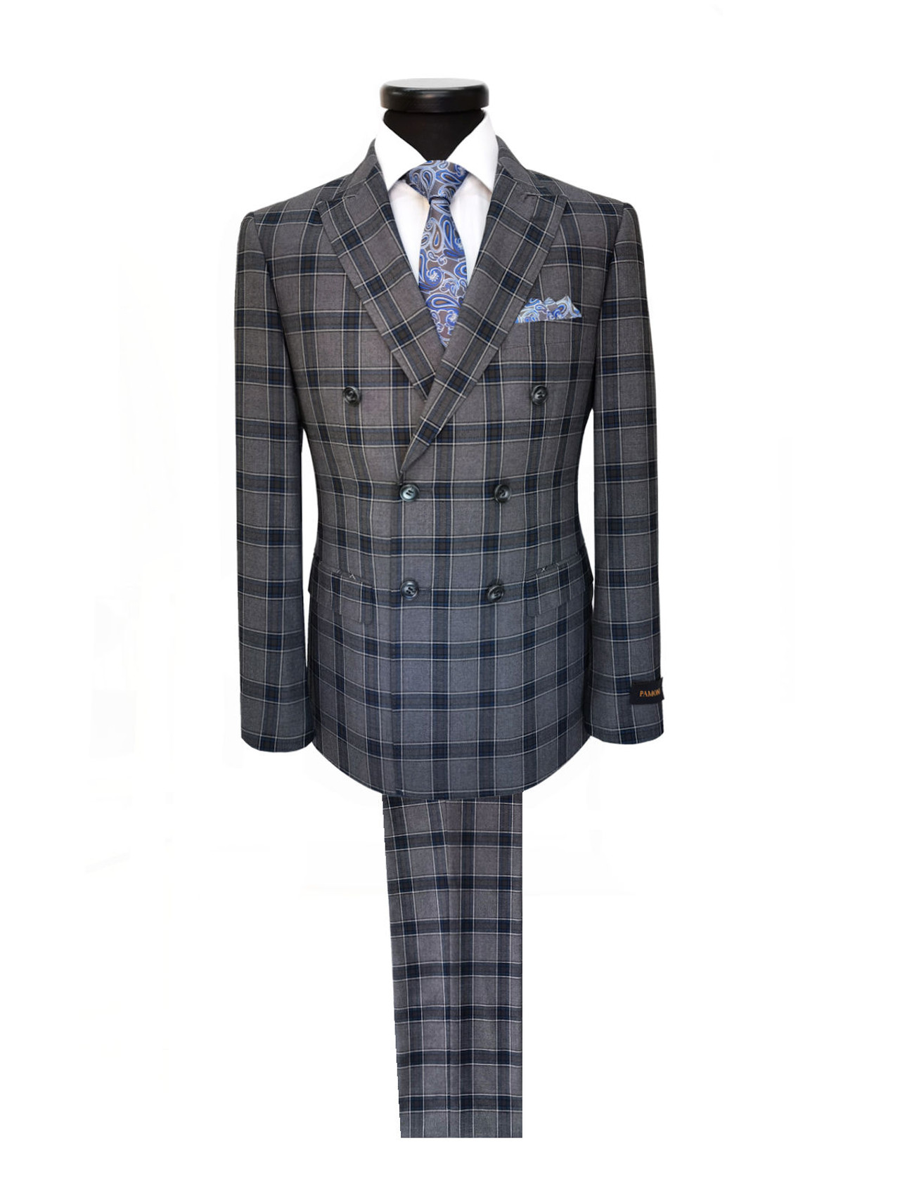 Royal Blue Check Double Breasted Suit - Pamoni
