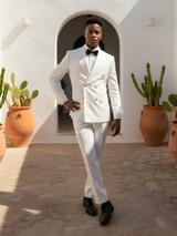 Men’s Slim Fit White Double-Breasted Wool-Blend Suit with Gold Buttons