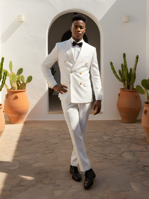 Men’s Slim Fit White Double-Breasted Wool-Blend Suit with Gold Buttons