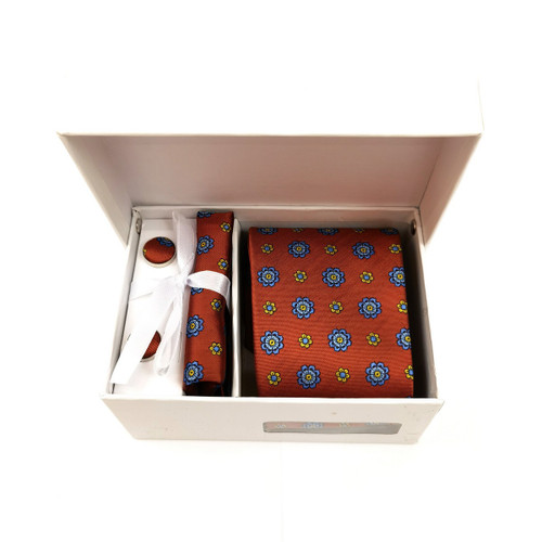 Coral & Blue Geometric Tie & Cufflinks Set