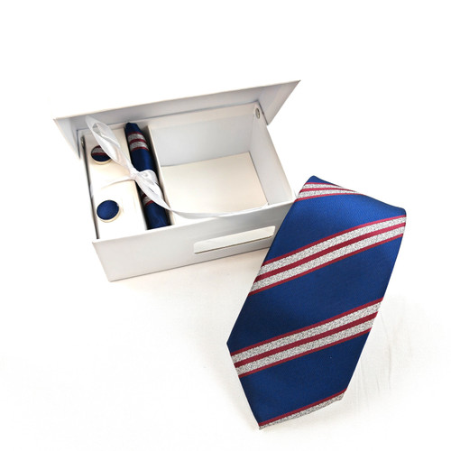 Blue and Red Silver Bold Stripe Tie & Cufflinks Set