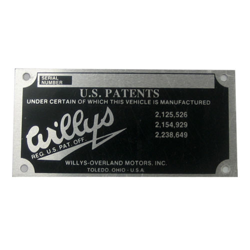 Vin Number Registraion Data Plate  Fits  41-71 Willys & Jeep Vehicles