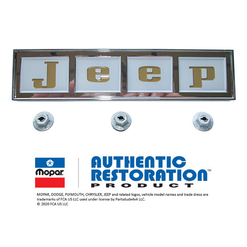 Reproduction "JEEP" Tailgate Emblem (white background with gold letters)  Fits 41-71 Jeep & Willys
