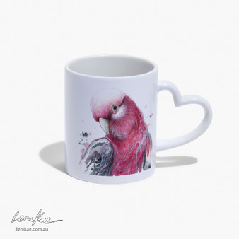Heart handle ceramic mug, featuring Australian Galah art by Leni Kae artist.