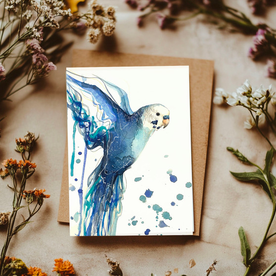 Blue Budgie art giftcard by Leni Kae