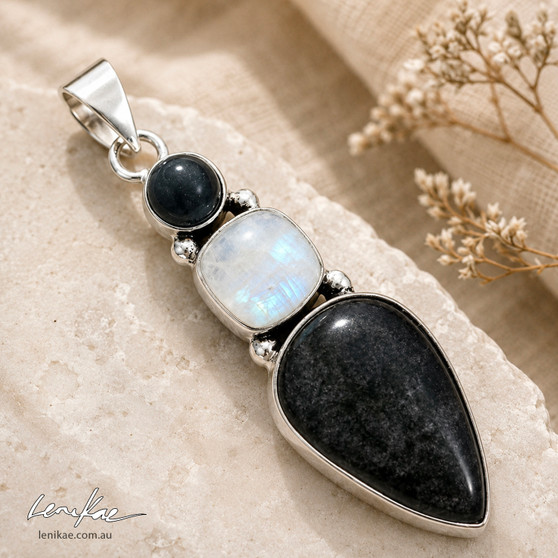 Light Within – Rainbow Moonstone & Obsidian Pendant