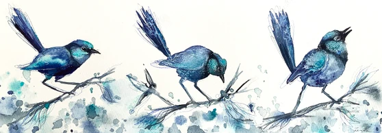 Blue Wren Fleeting Moments Australian bird watercolour artwork by Sydney artist Leni Kae