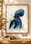 Black Cockatoo Watchful Spirit – original watercolour and mixed media portrait of an Australian Black Cockatoo with a raised crest, watchful gaze and expressive paint splashes by Leni Kae.