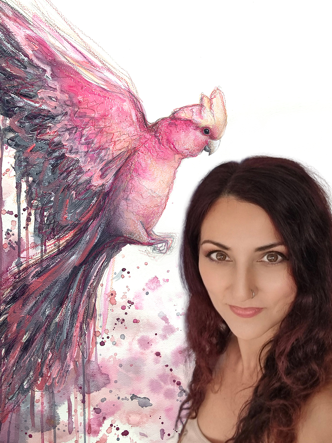 Australian artist Leni Kae in her Sydney studio with watercolour artwork “Galah Spirit”.