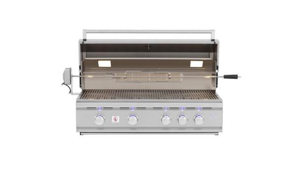 front view of grill with lid open