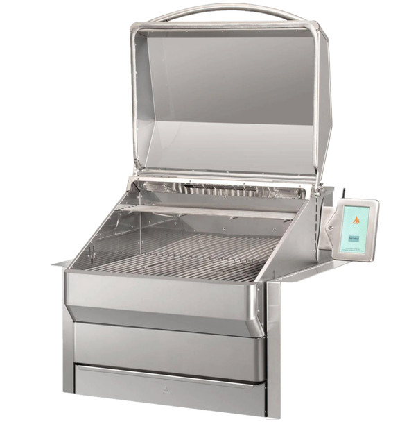 angle/iso view of Memphis Pro 28" Pellet Grill w/ open lid
