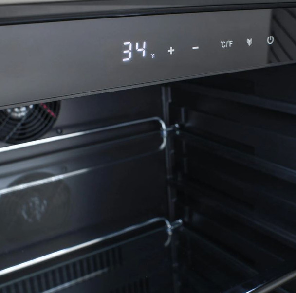 detail view of 24" deluxe BLZ-SSRF-5.5 blaze refrigerator temperature settings panel