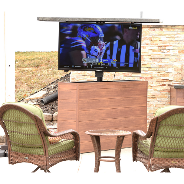 Outdoor TV Lift Cabinet, Lift Open, Swivel View. Light National Walnut With Black Polished Granite Top