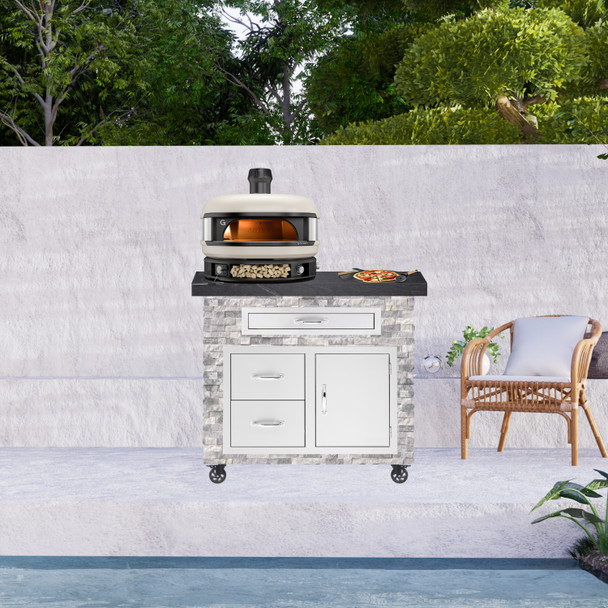 Fenix Artisan Pizza Oven Cart  With Cream Gozney Dome Oven Shown In  Alaskan Gray Stone And American Black Polished Granite Countertop