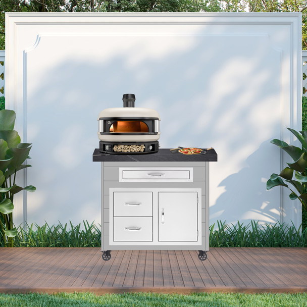 Fenix Artisan Pizza Oven Cart  With Cream Gozney Dome Oven Shown In Light Gray Steel And American Black Polished  Granite Countertop