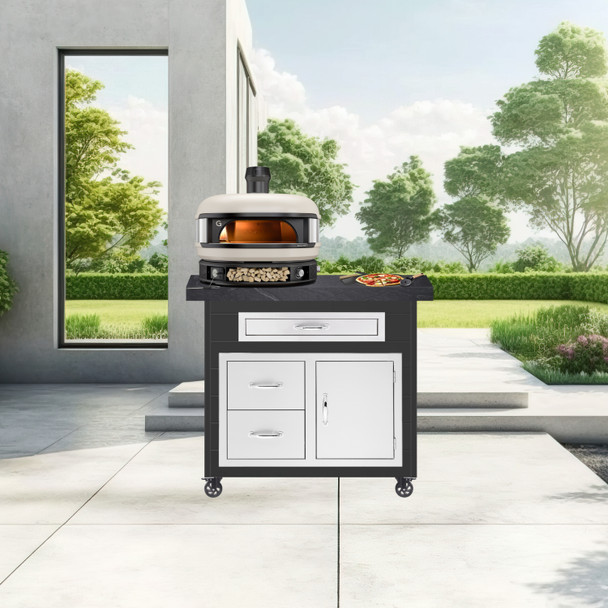 Fenix Artisan Pizza Oven Cart  With Cream Gozney Dome Oven Shown In Ironstone Steel And American Black Polished Granite Countertop