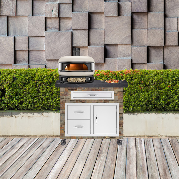 Fenix Artisan Pizza Oven Cart  With Cream Gozney Dome Oven Shown In Gold Rush Stone And American Black Polished Granite Countertop