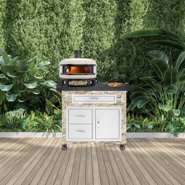 Fenix Artisan Pizza Oven Cart  With Cream Gozney Dome Oven Shown In Golden Honey Stone And American Black Polished Granite Countertop