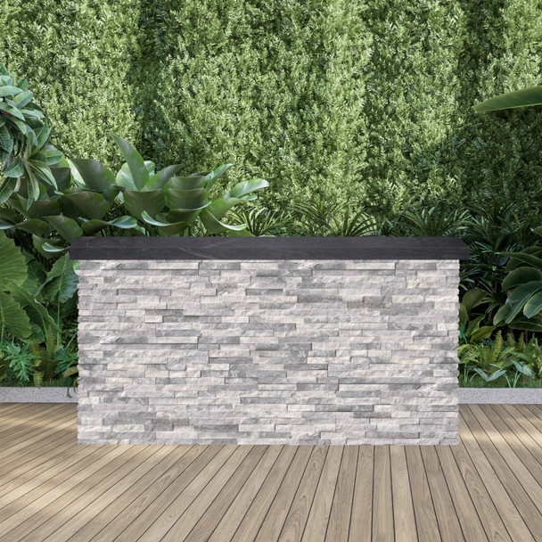 Fenix Vision 360 Luxury Outdoor TV Lift Cabinet Shown Alaskan Gray Stone and American Black Polished Granite