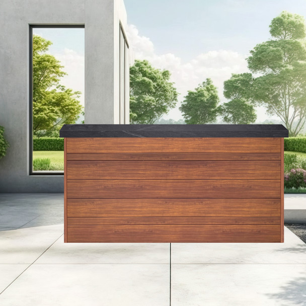 Fenix Vision 360 Luxury Outdoor TV Lift Cabinet Shown Light National Walnut Aluminum and American Black Polished Granite