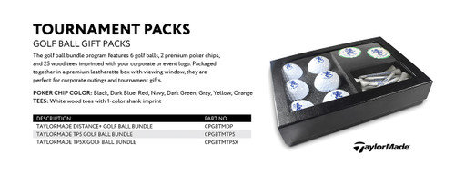 Tournament Gift Pack, TaylorMade TP5 or TP5X Balls, Logoed, 2 Poker Chips, 25 Wooden Tees