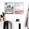 Nordic Style Beach and Ocean Landscape Pink Bus Art Canvas Set