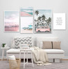 Nordic Style Beach and Ocean Landscape Pink Bus Art Canvas Set
