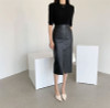 PU Leather Skirts High Waist Pockets Package Pencil  Skirt