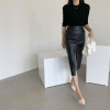 PU Leather Skirts High Waist Pockets Package Pencil  Skirt