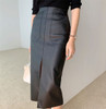 PU Leather Skirts High Waist Pockets Package Pencil  Skirt