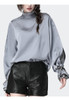 Satin  Blouse With Stand Ruffled Collar & Split Lace Sleeve