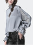 Satin  Blouse With Stand Ruffled Collar & Split Lace Sleeve