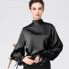 Satin  Blouse With Stand Ruffled Collar & Split Lace Sleeve