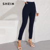 SHEIN Solid Elastic Waist Pocket Side Split Hem Elegant Pants Women Bottoms Autumn High Waist Office Ladies Skinny Trousers