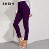 SHEIN Solid Elastic Waist Pocket Side Split Hem Elegant Pants Women Bottoms Autumn High Waist Office Ladies Skinny Trousers