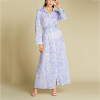 Elegant Print Long Sleeve Lapel Maxi Women Dress