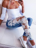 2020 Autumn Women Elegant Sexy Denim Pencil Skinny Jeans Female Fashion Plus Size Lace Floral Crochet Hollow-Out Jeans