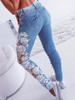 2020 Autumn Women Elegant Sexy Denim Pencil Skinny Jeans Female Fashion Plus Size Lace Floral Crochet Hollow-Out Jeans