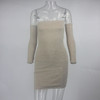 Women Long Sleeve Off Shoulder Pink Bodycon Dress