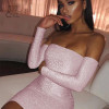Women Long Sleeve Off Shoulder Pink Bodycon Dress