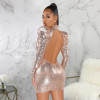 Backless Hollow Out Sequin Turtleneck Long Sleeve Plus Size Bodycon Dress