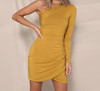Long Sleeve One Shoulder Ruched Bodycon Casual Dress