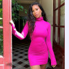 Women's Long Sleeve Turtleneck Neon Pink Bodycon Dress