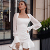 Vintage Long Sleeve Square Collar Bodycon Ruffle Hem Mini Dress