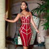 Women Metallic Striped Red Bandage Bodycon Club Party Dress